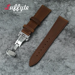 Crazy Horse Genuine Leather Retro Men's Watch Strap with Butterfly Buckle - 22mm (Dark Brown)
