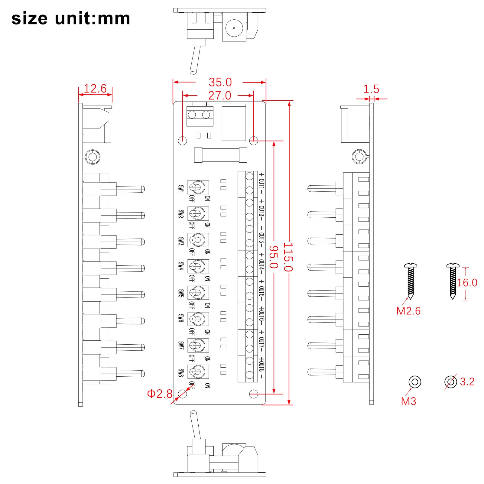 Evemodel 3V-24V DC Stromverteilungsmodul-Anschluss mit individuellem Kippschalter PCB019 – Detail 13