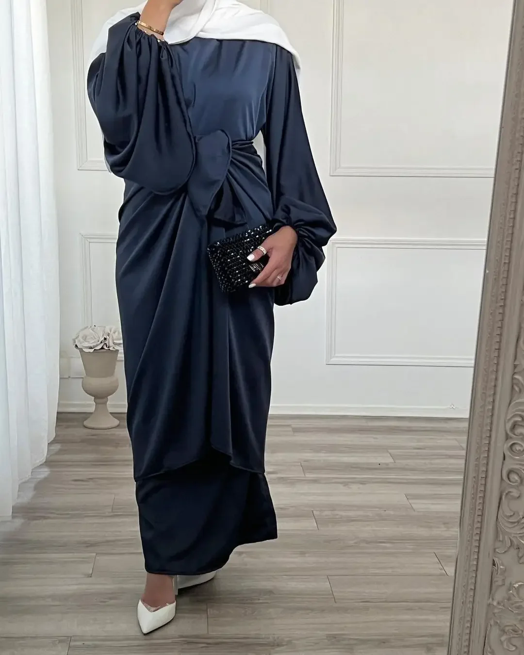 Ramadan 2 Piece Set Under Abaya Satin Dress with Wrap Skirt Arabic Long Hijab Dresses for Muslim Women Dubai Islamic Clothing