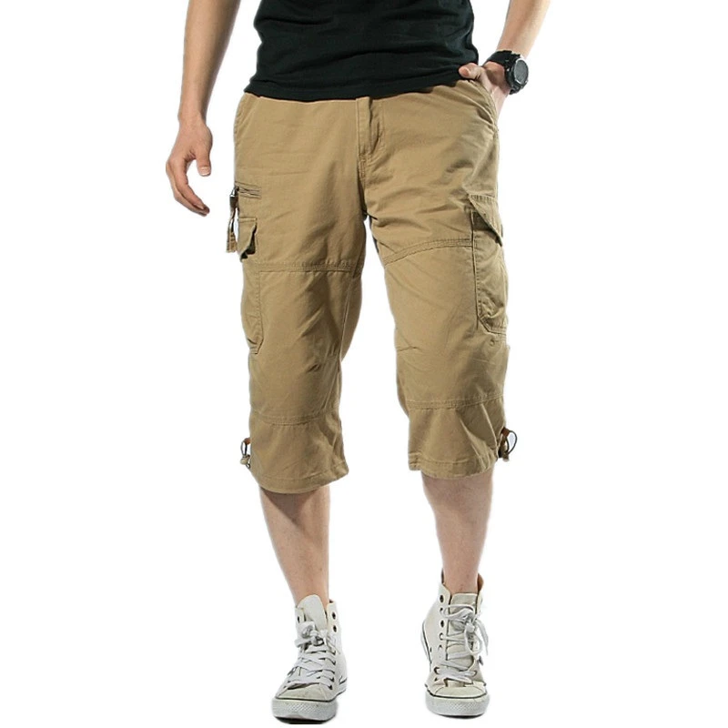 Pantalones cortos con múltiples bolsillos para pantalón holgado con cremallera, color caqui y gris, talla grande, de algodón, color negro|cargo short|tactical shortsummer men - AliExpress