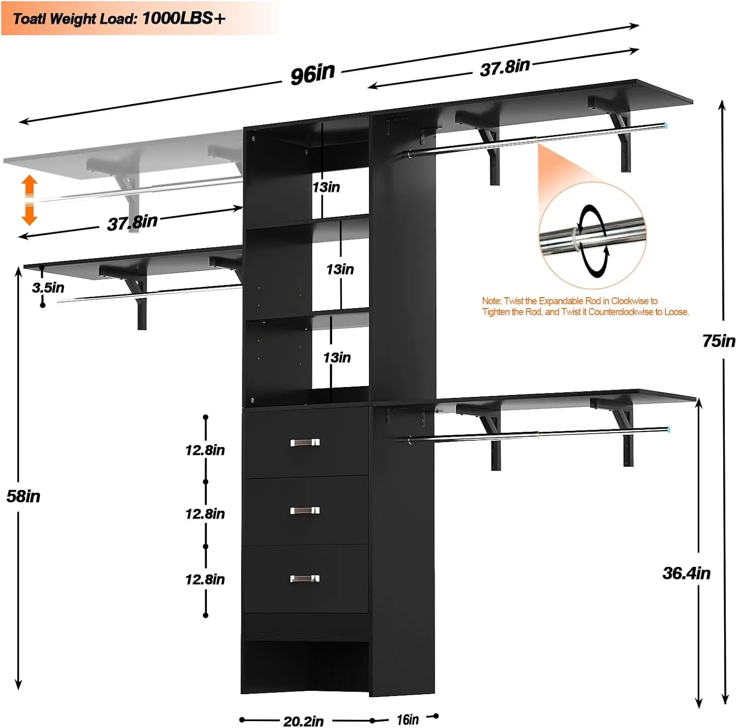 8FT Closet System, 96'' Closet Organizer System with 3 Hanging Rods, Wall Mount Bedroom Wardrobe with 3 Drawers Walk-in Closet,