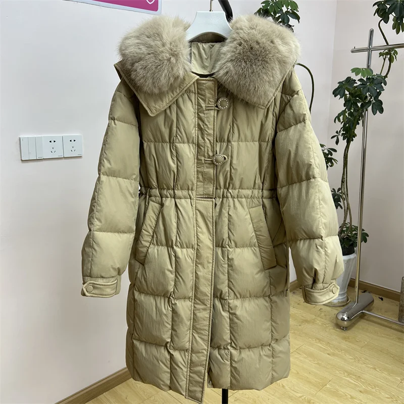 Women's Winter Thickened Long Duck Down Jacket with Big Fur Collar 2023 New Woman Warm Long Sleeve Pocket Slimming Waist Coat