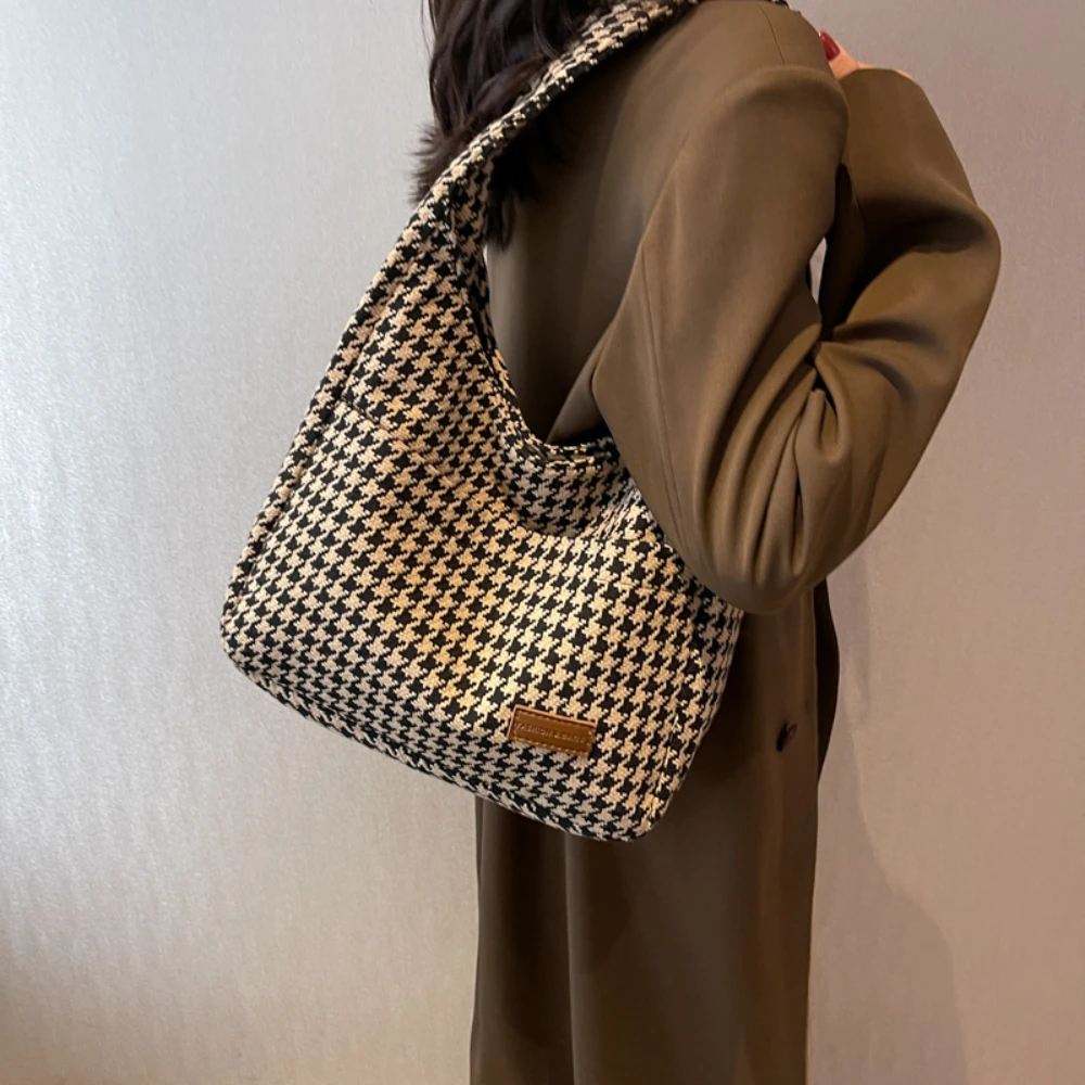 New Fashion Women Canvas Shoulder Bags Houndstooth Pattern Cloth Fabric Tote Large Handbag INS Cute Shopping Bag For Ladies