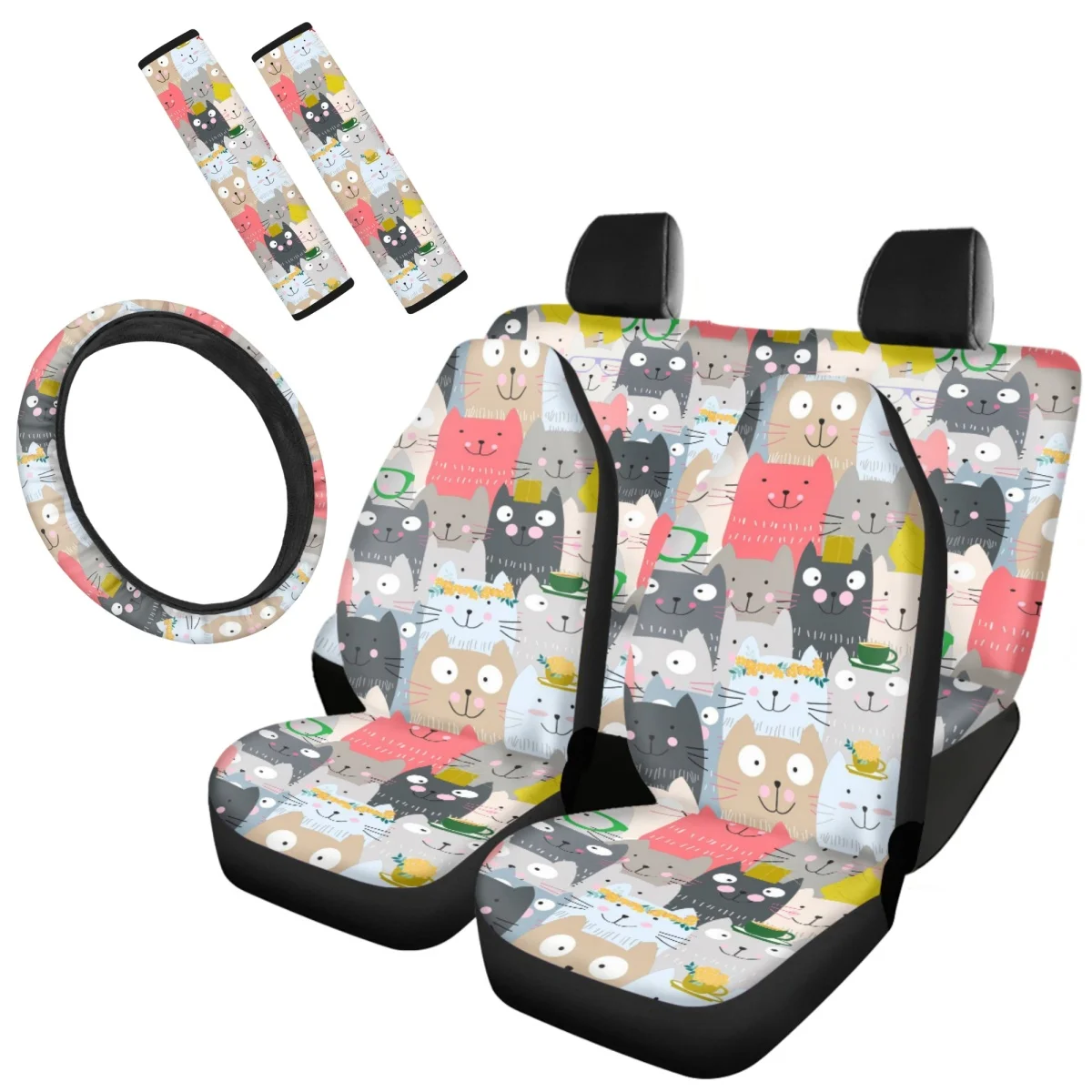 

Новинка, модные автомобильные аксессуары Kawaii с красочным рисунком кота, простая установка, интересный комплект чехлов для переднего и заднего сиденья автомобиля против грязи