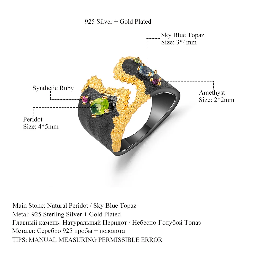 

Real 925 Sterling Silver Natural Peridot Amthyst Gemstone Women's Ring Creative Design Handmade Wedding Party Jewelry