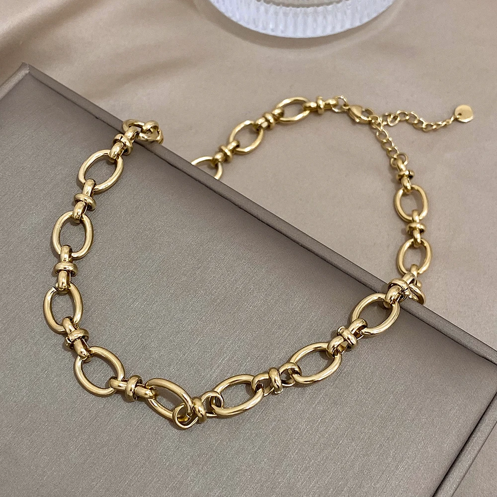 Flashbuy Trendy Chic Stainless Steel Golden Oval Chain Necklace Bracelet For Women Statement Simple Waterproof Jewelry Set