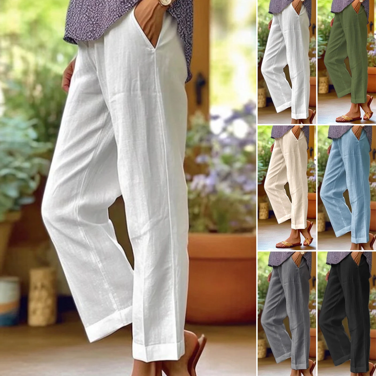 

Cotton Linen Casual Pants Women 2022 Spring Summer Casual Harem Trousers Black White Elastic Waist Loose Pants
