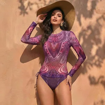 Women's Two Piece Swimwear Long Sleeve Mesh Swimsuit UPF 50+ 2026 New Smart Swimsuit SPF High Elasticity Padded Beachwear