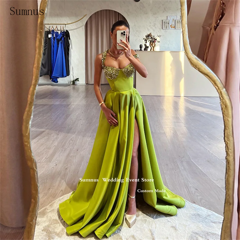 

Sumnus Sparkle Sequined Prom Dresses Long A Line Satin Spaghetti Straps High Slit Luxury Evening Dresses For Women 2023