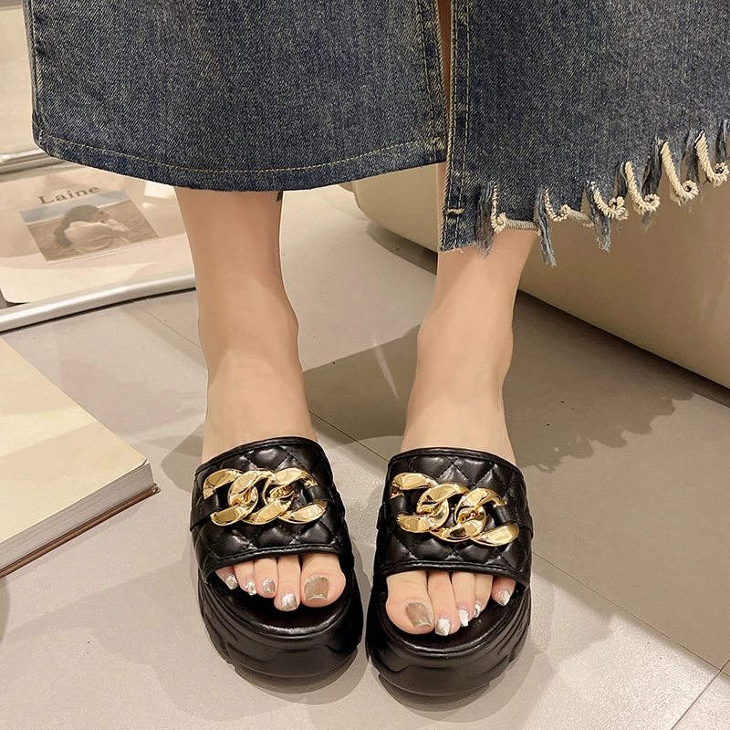 Women Sandals Chain Wedges Slippers High Heels Shoes Summer Luxury Open Toe Flip Flops Beach Pumps Mujer Slides