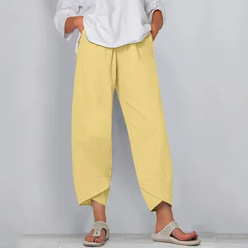 Vintage Harem Pants Women Casual Loose Solid Elastic Waist Cotton Wide Leg Pants Summer High Waist Pantalon Cropped Pants 5