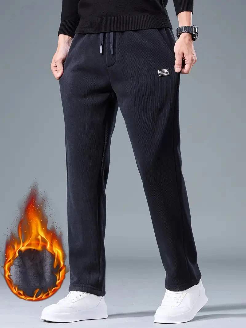 Winter Corduroy Sweatpants Men Drawstring Fleece Lined Thick Wide Leg Straight Casual Pants 2025