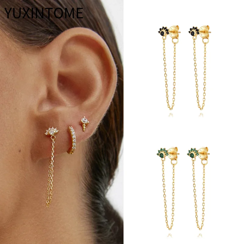 

925 Sterling Silver Ear Needle Flower Stud Earrings For Women Colorful Zircon Tassel Chain Piercing Gold Earring Luxury Jewelry
