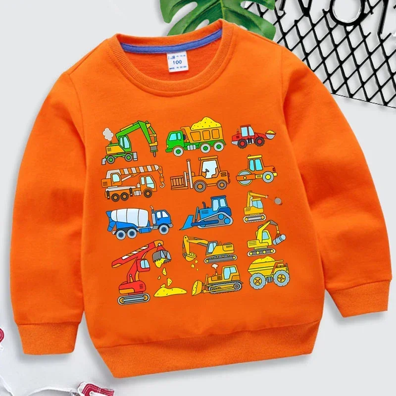Kids Sweatshirts Excavator Print Hoodies Boys Girls Cartoon Waterwheel & Bulldozer Sweatshirts Children Clothing