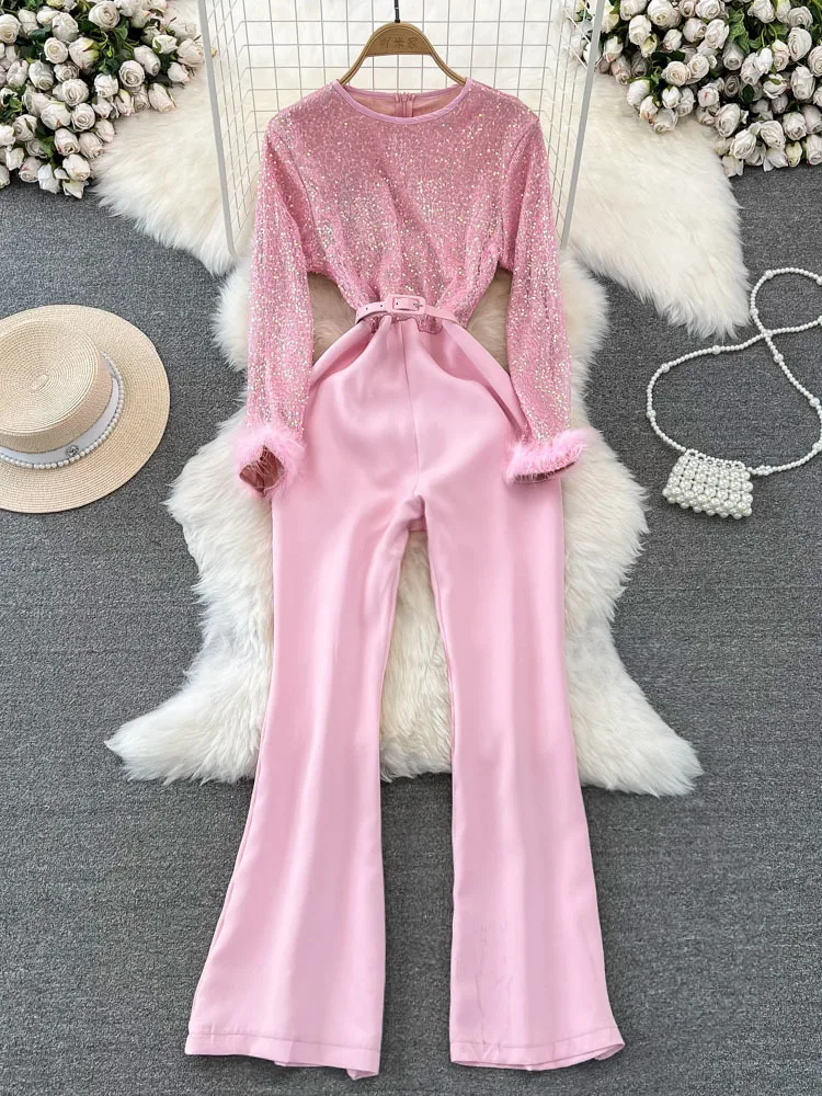 

EWQ Elegant Style Chic Jumpsuit Women Long-sleeve Sequins Patchwork With Belt Wide Leg Jumpsuits Suit Autumn Winter 2023 New
