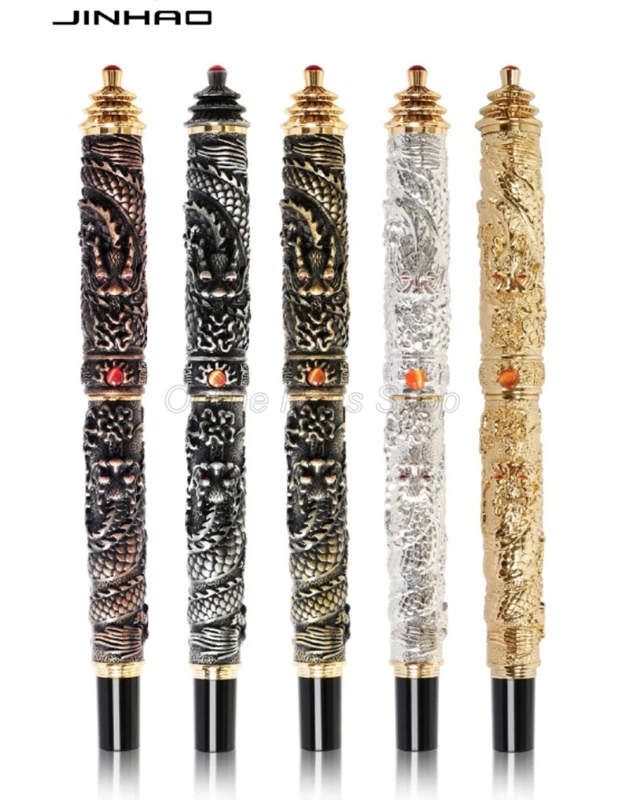 Jinhao Ancient Double Dragon Playing Pearl Goffratura Tower Cap Penna Stilografica Con Pennino Medio Finitura Dorata Cancelleria Professionale