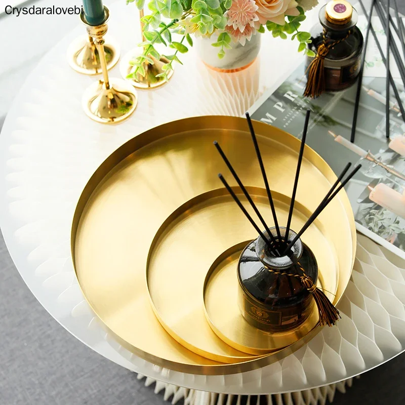 

Kitchen Stainless Steel Gold Storage Tray Plate Round Shape Multifunctional Bathroom Space Saving Organizer Jewelry Display