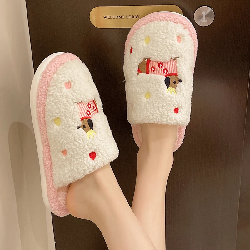 Cute Dog Pattern Home Cotton Slippers for Women Indoor Soft Flat Heel Plush Slides Woman 2025 Anti Slip Warm Bedroom Slippers