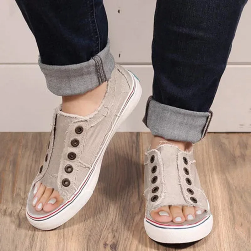 Women Vulcanized Shoes Korean Style Flat Heels Canvas Shoes Fashion Peep Toe Women's Sandal