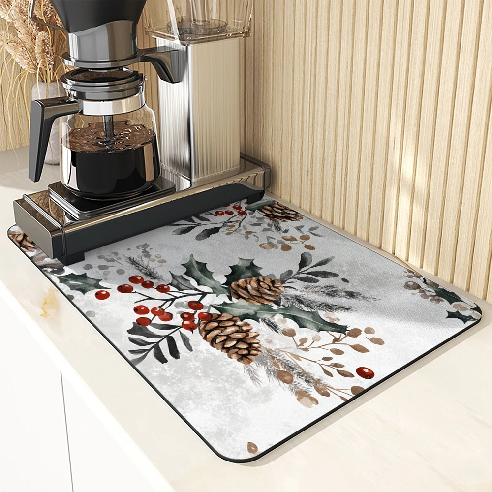 Drying Mat Christmas Holly Berry Fir Pine Non-Slip Absorbent Tableware Kitchen Counter Drain Mats Placemats 1pc