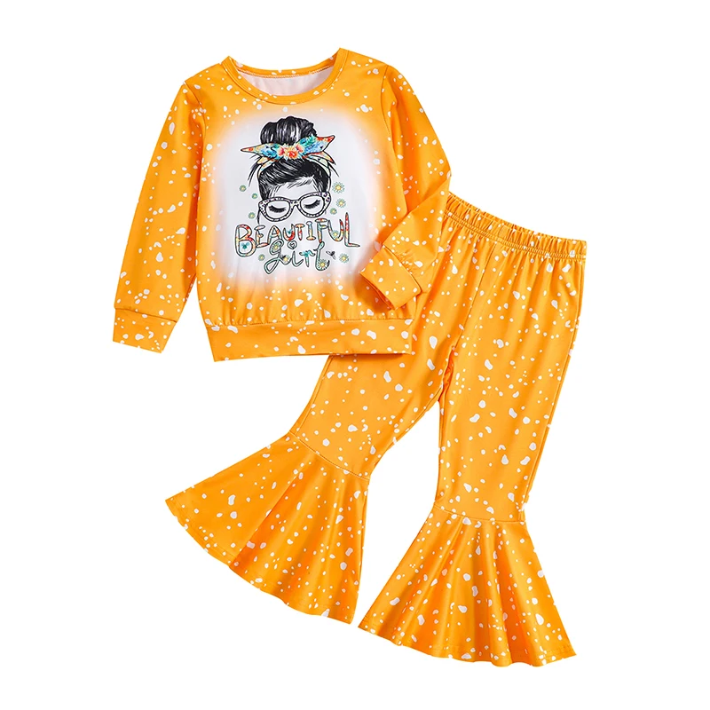 

Kid Girls Pants Set Long Sleeve Portrait Print Sweatshirt with Flare Pants Clothing Set