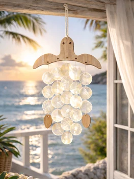 Campanella a Vento Nautica in Legno a Forma di Tartaruga con Conchiglie Capiz, Ornamento Artigianale da Appendere per Casa Bohemien, Balcone, Giardino, Arredamento Casa al Mare