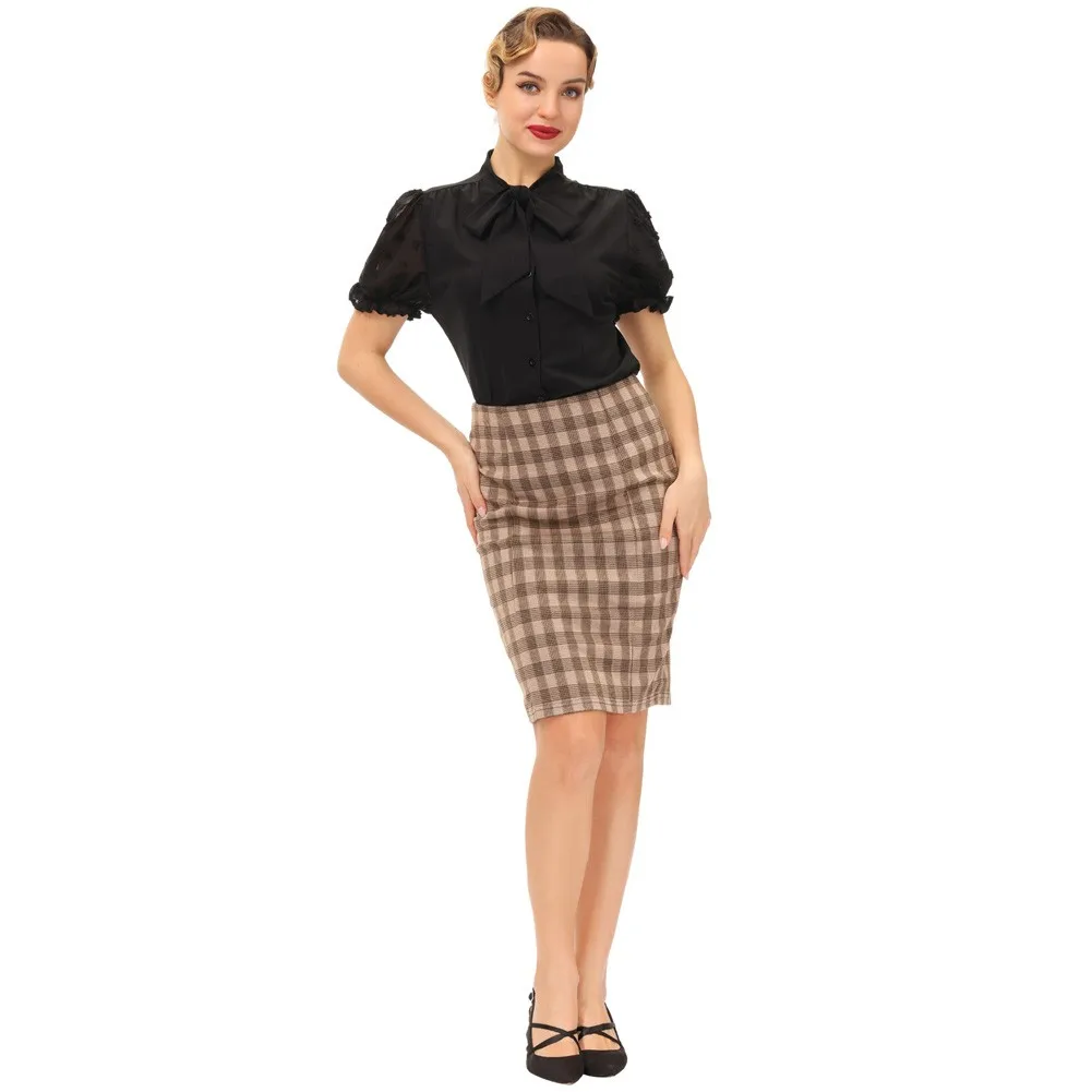 Belle Poque Summer Short Sleeve Blouse Office Lady Button Down Shirt Tops With Bow Tie 1950s Elegant Business Puffy Sleeve Shirt