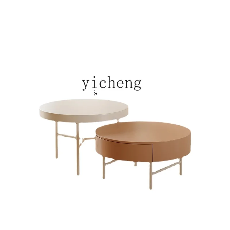 

ZK Mid-Ancient Cream Style Small Apartment Living Room Tea Table Home High-Profile Figure round Band Drawer Coffee Table