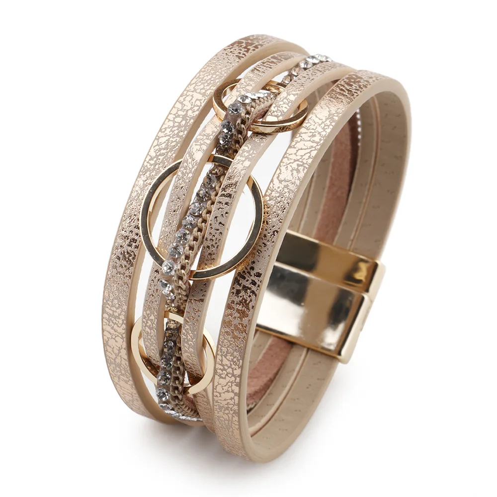 Bohemian Braided Leather Fashion Bracelet for Women Handmade Rhinestone Charm Wrap Bangle Jewelry