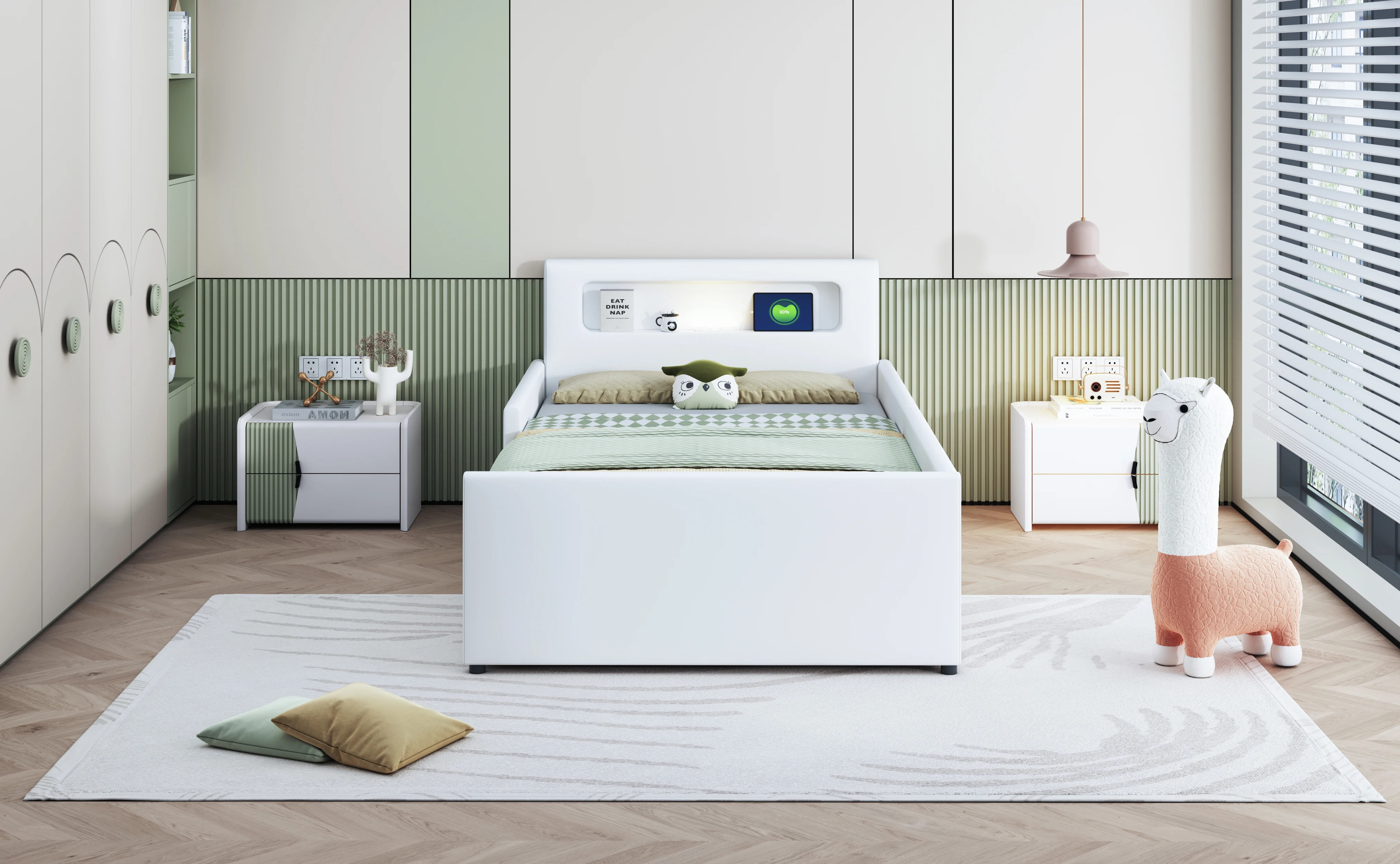 Gepolstertes Kinderbett 90*200 cm, mit Nachtlicht und USB-Ladeanschluss, mit Staufächern, erhöhten Seitenteilen – Detail 7