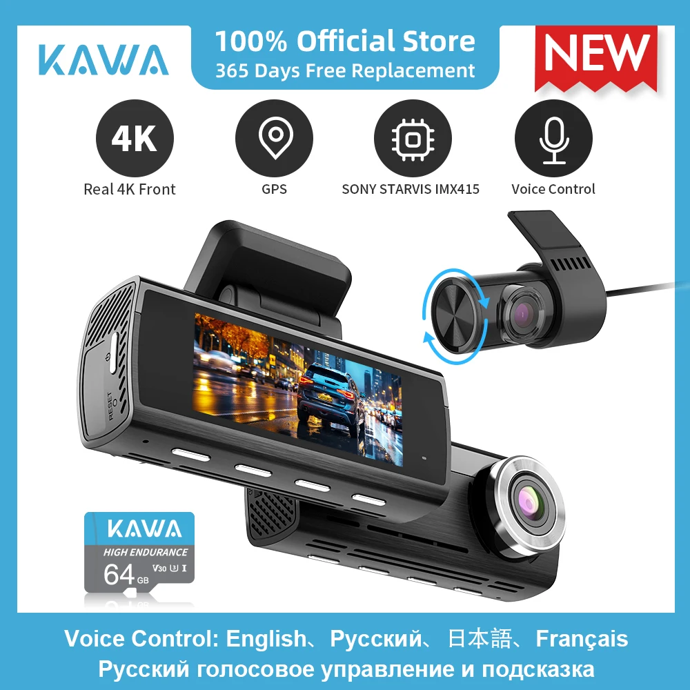 KAWA 차량용 대시 캠, 4K 전면 및 1080P 후면 카메라 DVR, 차량용 비디오 녹음기,  IMX415 음성 제어, GPS 와이파이, 24 시간 주차