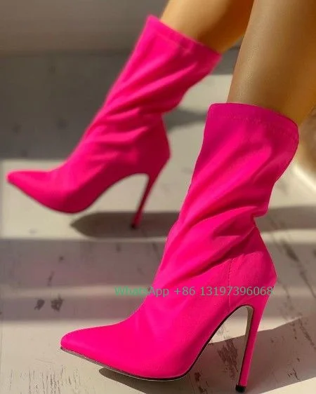 

Женские ботильоны на высоком каблуке, розовые однотонные ботинки в стиле панк с острым носком, обувь для банкета, вечеринки, Повседневные Классические ботинки, обувь