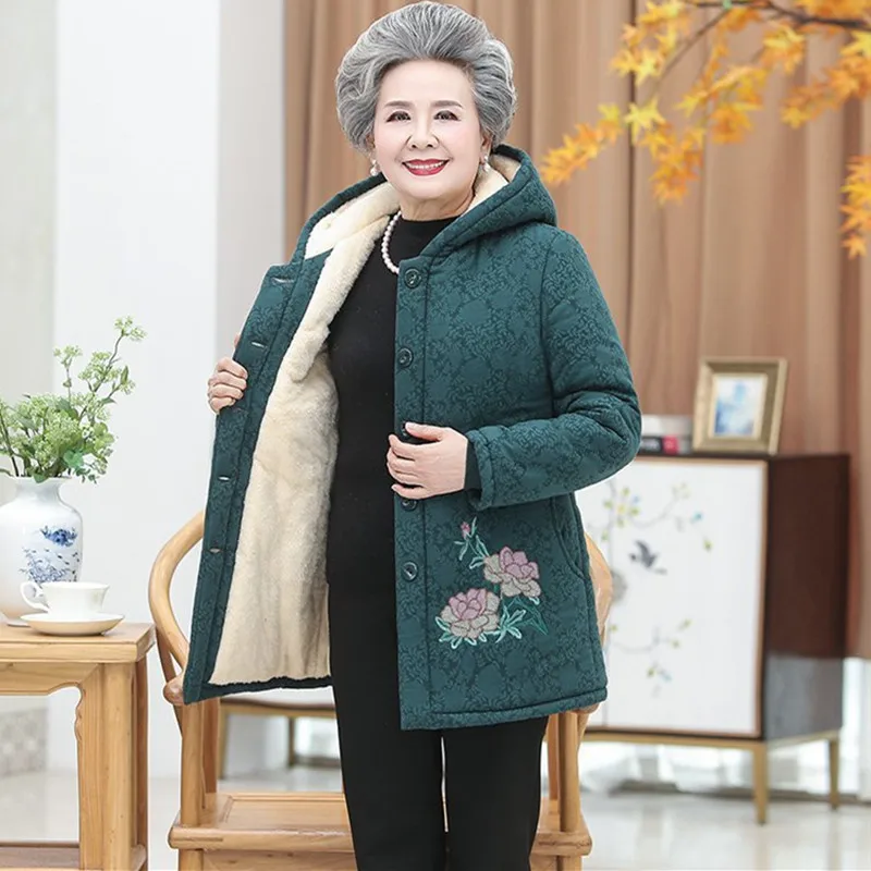 

XL-5XL Middle-Aged Elderly Mother Clothing Plus Velvet Thicken Parkas Women Autumn Winter Cotton Coat New Grandma Warm Jackets