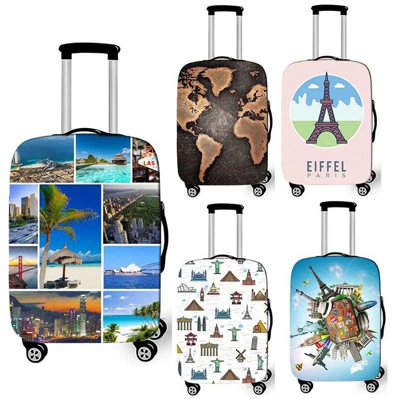 Tourist Attraction World Map Luggage Cover Travel Accessories Eiffel Tower Trolley Case Covers Elastic Suitcase Protective Cover