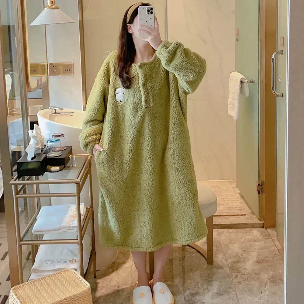 

Winter Korean Warm Sleeping Sweater Bottom Dress Ladies Dressing Nightgown Dresses Size Soft Big Pajamas Sleep Long Gowns Design