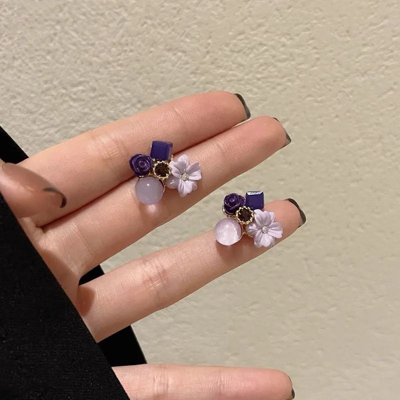 Taro Purple Flower Stud Earrings for Women Crystal Round Ball Mini Earrings Cute Girls Earrings Fashion Ear Jewelry brincos