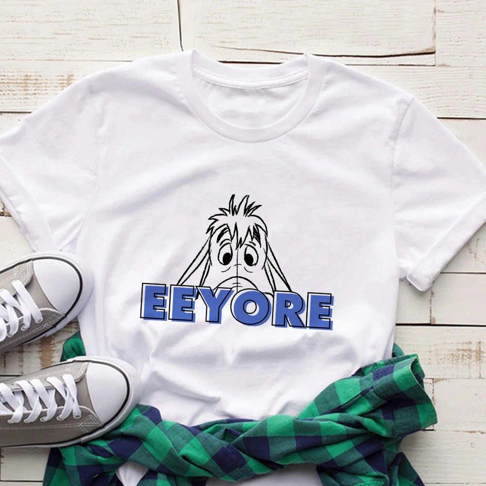 

Disney Winnie The Pooh Cartoon Clothing EEYORE Print Simple Harajuku T-shirt For Women Summer Basic Tops Thin White Tee Dropship