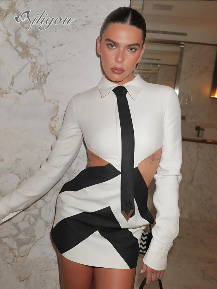 

Ailigou 2023 женское сексуальное черно-белое контрастное открытое мини-платье с длинным рукавом элегантное вечернее Клубное платье