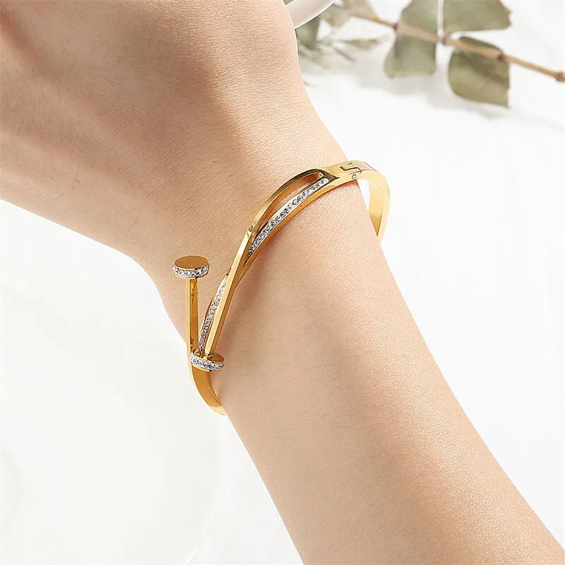 Double Crystal Nail Head Cross Stainless Steel Bracelet For Woman Silver Color Love Wedding Gift Bangle Jewelry