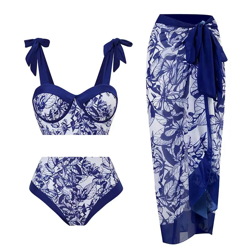 

Womens Swimsuits Printing Square Neck Abstract Vacation Bikini with Cover Up