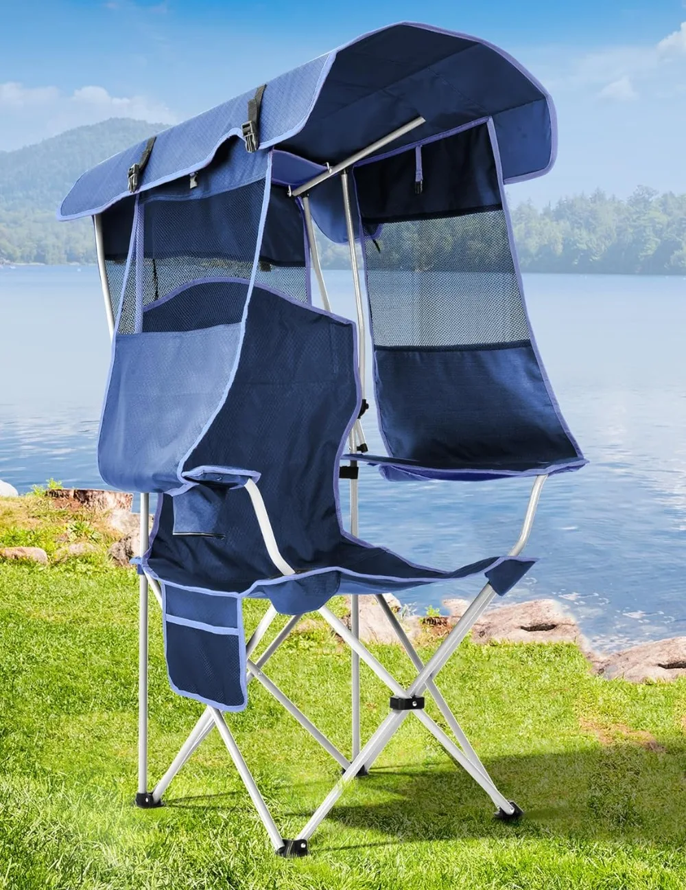 Beach Chair with Canopy Shade Cup Holder Side Pocket for Adults Camp Beach Tailgates Fishing