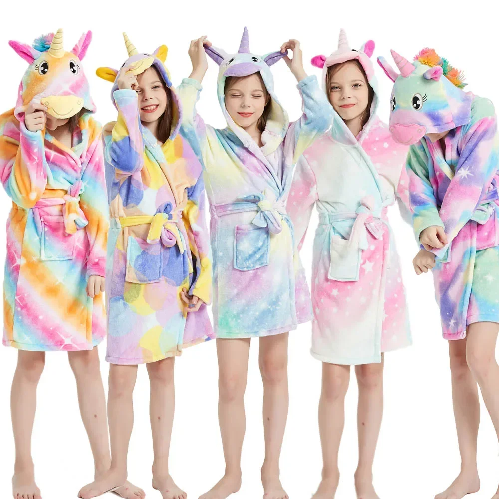 키구루미  목욕 가운, 동물 무지개 유니콘 후드 목욕 가운, 소년 소녀 잠옷 잠옷, 어린이 잠옷
