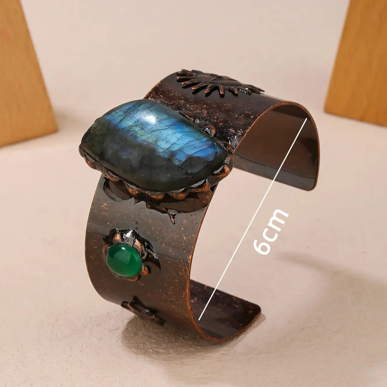 YEEVAA Labradorite Glitter Stone Wide Opening Cuff Bangle Healing Gemstone Copper Plating Adjustable Punk Bracelet Vintage Jewel