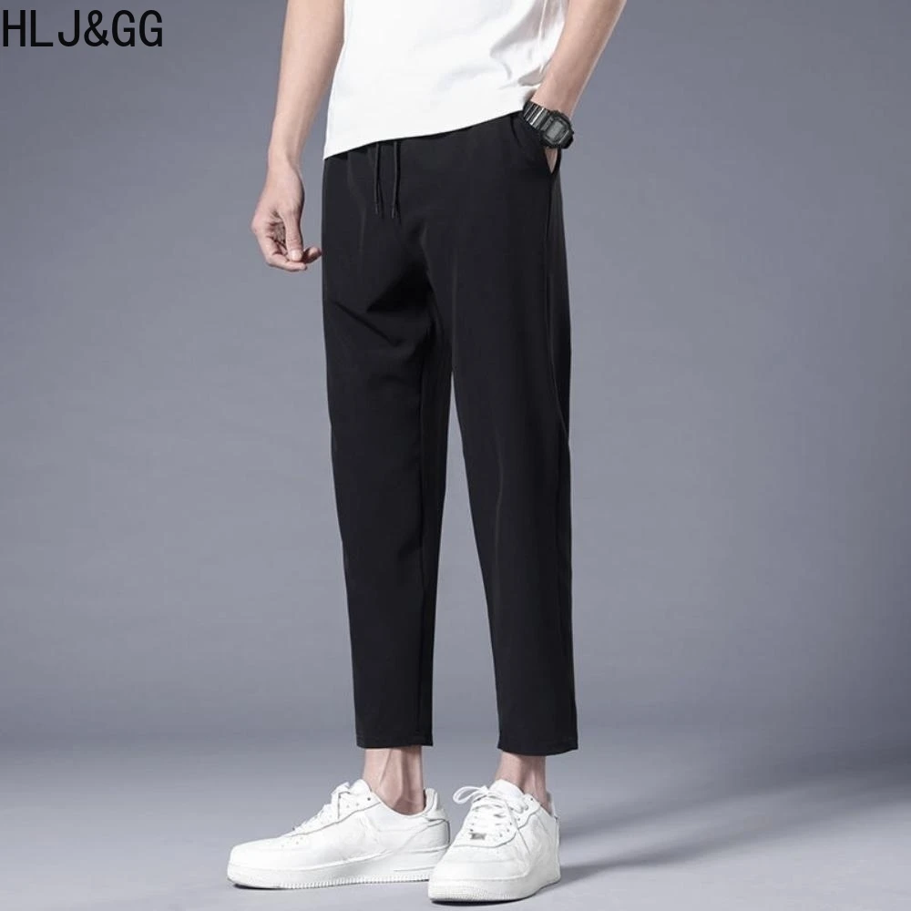 

HLJ&GG Summer Ice Silk Lace Up Cropped Pants for Man Korean Version Loose Man's Straight Pant Casual Breathable Male Trousers
