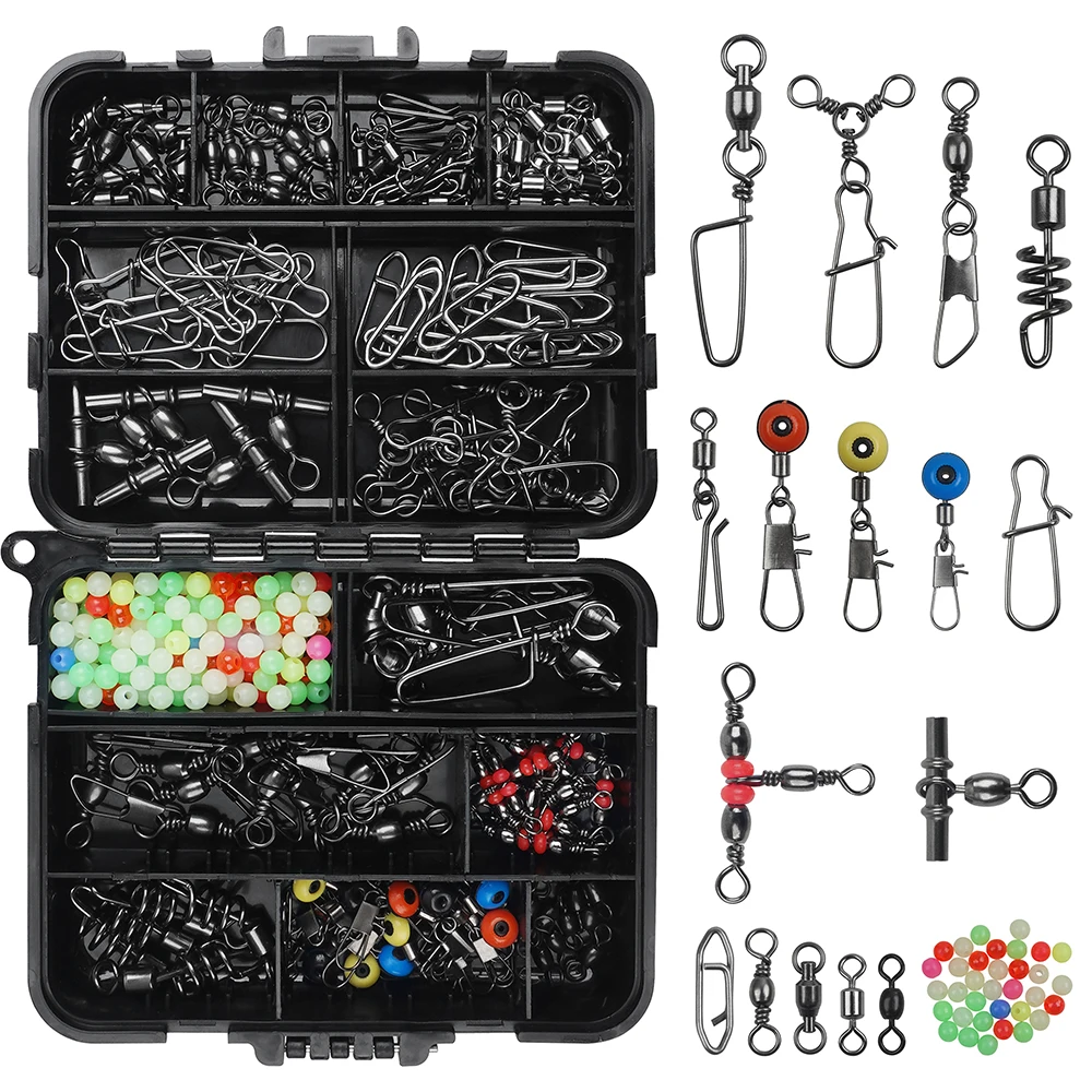

180Pcs Fishing Swivel Snap Connector Ball Bearing Swivel Snap Barrel 3 Way Triple Swivel Line Sinker Slides Fast Clip Lock Snap