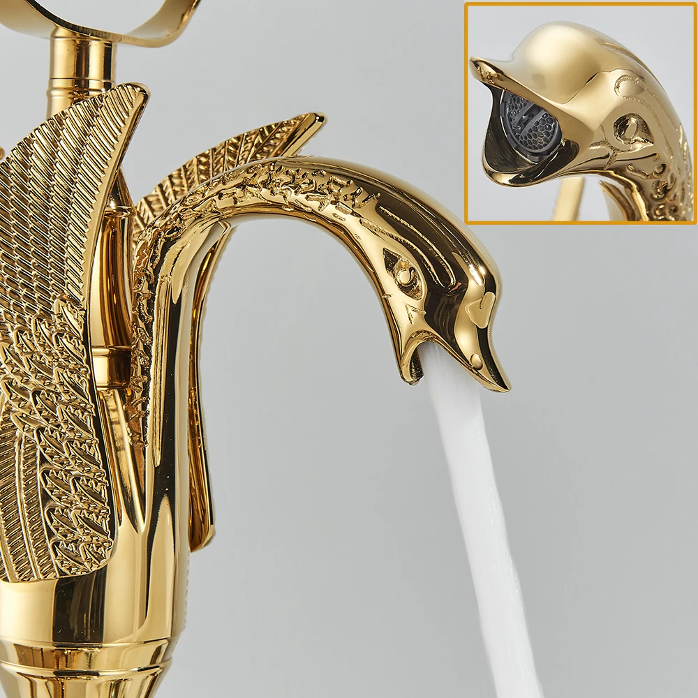 Onyzpily Gold/Antique Brass Washroom Bathtub Faucet Wall Mounted Swan Faucets Dual Handle Control Crystal Grip 3