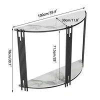 Console d'entrée demi-lune avec étagère ouverte, plateau en marbre blanc, structure en métal noir, table étroite pour entrée 5