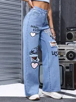 Women's High Waist Button Up Butterfly Print Jeans Fashion Casual Straight Pants for Women Spring Summer 2024 Chic Ripped Jeans - Image 5