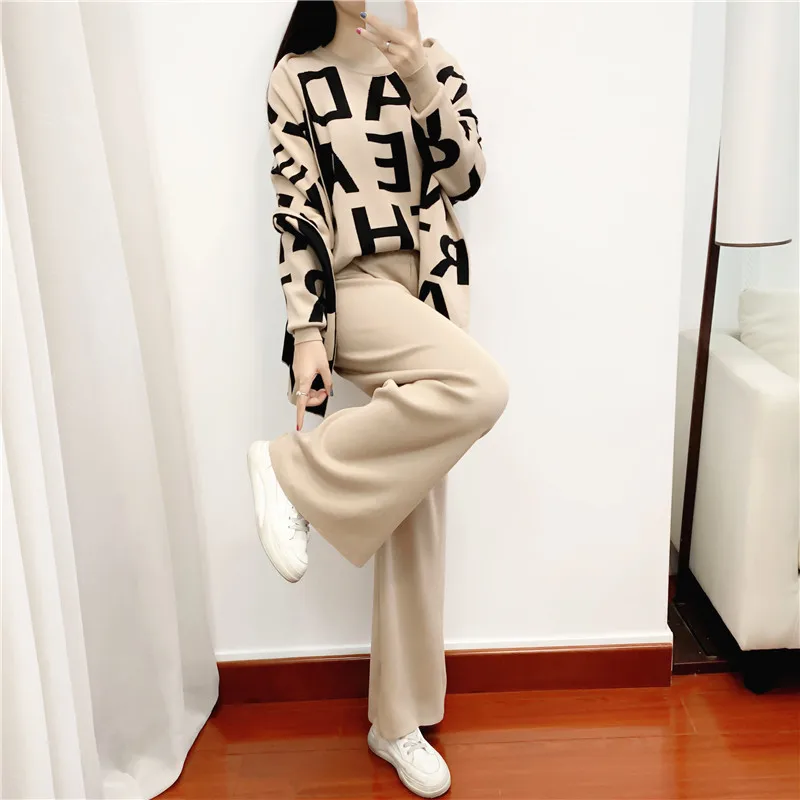 

women's Clothing Autumn Winter Women Knited Letter Sweater + Pants + Cape Scarf 3PCS Suits Cappa Wraps Wide Leg Trousers Sets