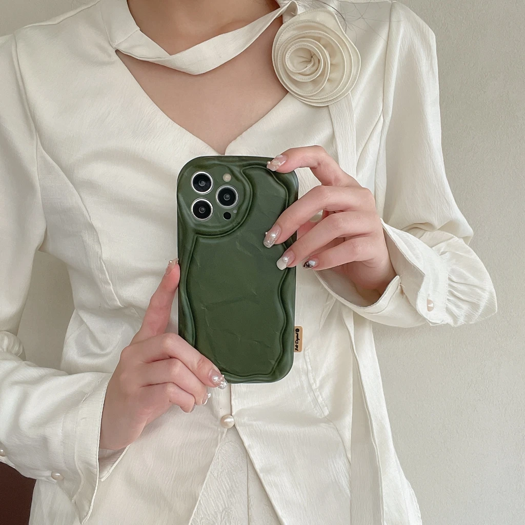 Ins Elegante Retro Simplicity Green Wavy Edge Rughe Pattern Cover Case Per Iphone 15 14 13 Pro Max Custodia Protettiva Antiurto